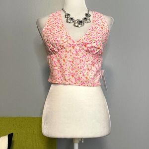 Abound Pink Floral Retro Tie Halter Crop Top NEW Small